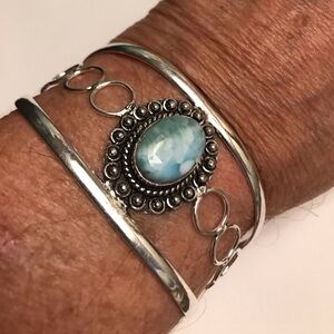 Larimar Stamped 925 Sterling Silver Cuff Bracelet